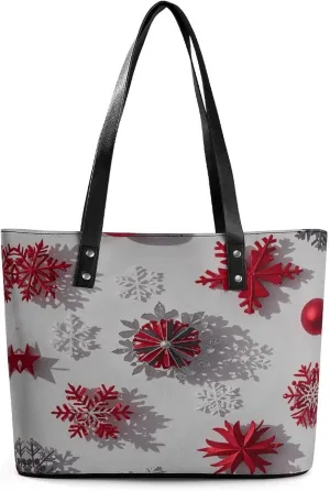 Leather Lady's Handbag Christmas Snowflakes Print Leather Tote Bags For Women Trendy Ladies Shoulder Bag for Work, Travel, Casual Use