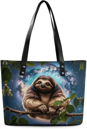 Leather Lady's Handbag Funny Animal Galaxy Sloth Print Leather Tote Bags For Women Trendy Ladies Shoulder Bag for Work, Travel, Casual Use