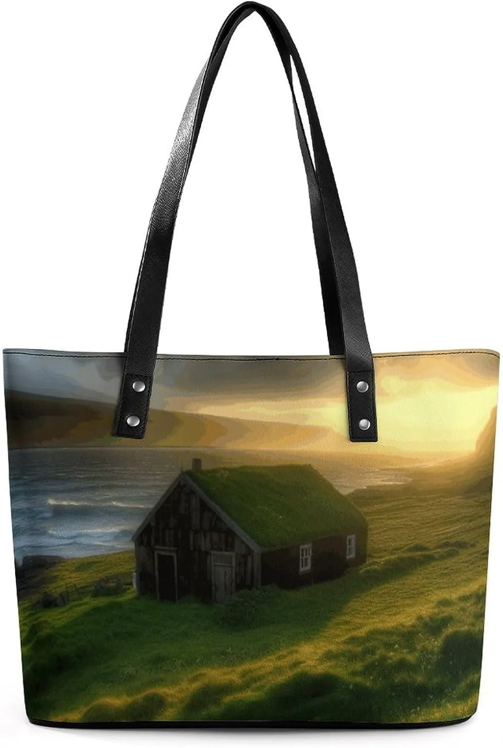 Leather Lady's Handbag, Hut Grass Sun Rays Print Women's Leather Tote Bag Leather Shoulder Bag Leather Handbag Chic Leather Handbags