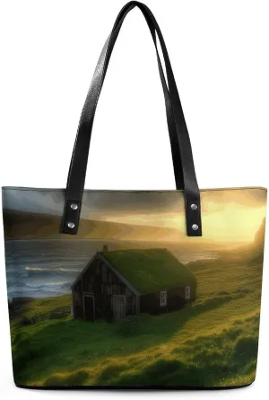 Leather Lady's Handbag, Hut Grass Sun Rays Print Women's Leather Tote Bag Leather Shoulder Bag Leather Handbag Chic Leather Handbags