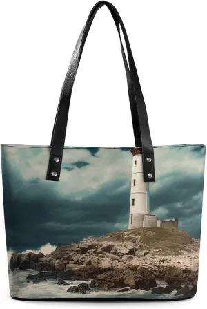 Leather Lady's Handbag, Lighthouse Seaside Print Women's Leather Tote Bag Leather Shoulder Bag Leather Handbag Chic Leather Handbags