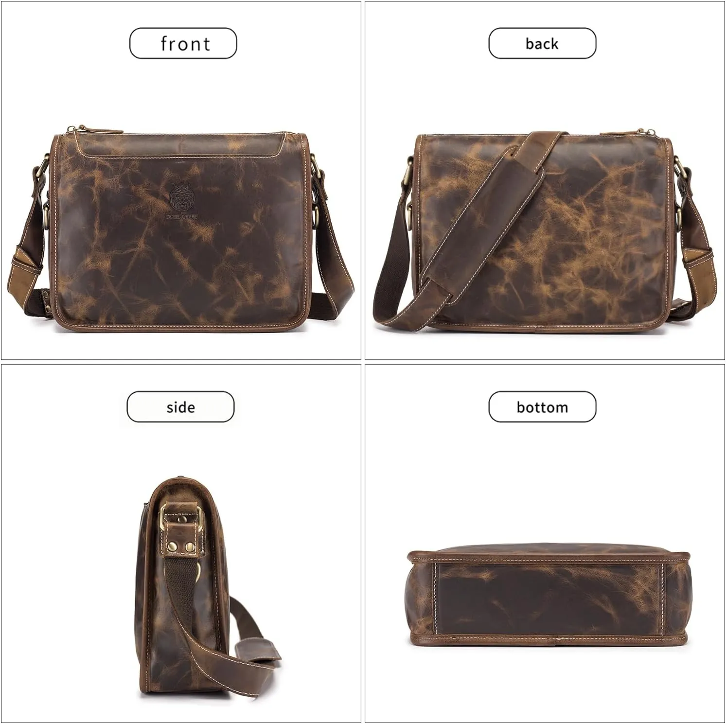 Leather Messenger Bag for Men Women Medium Satchel bag Retro Crossbody Shoulder bag Mens Purse Handbag