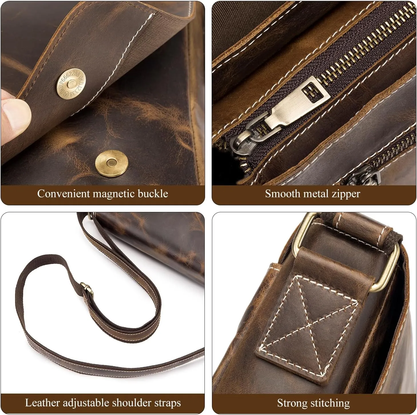 Leather Messenger Bag for Men Women Medium Satchel bag Retro Crossbody Shoulder bag Mens Purse Handbag