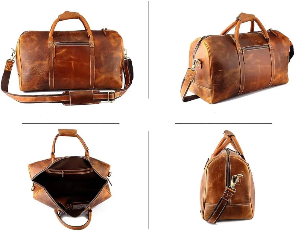 Leather Travel Duffel Bags for Men, Personalized Weekender Leather Bags, Overnight Customized Name Initials Luggage for Men, Gift for Birthday, Christmas, Anniversary, DAD, Husband, Lover (C BROWN)