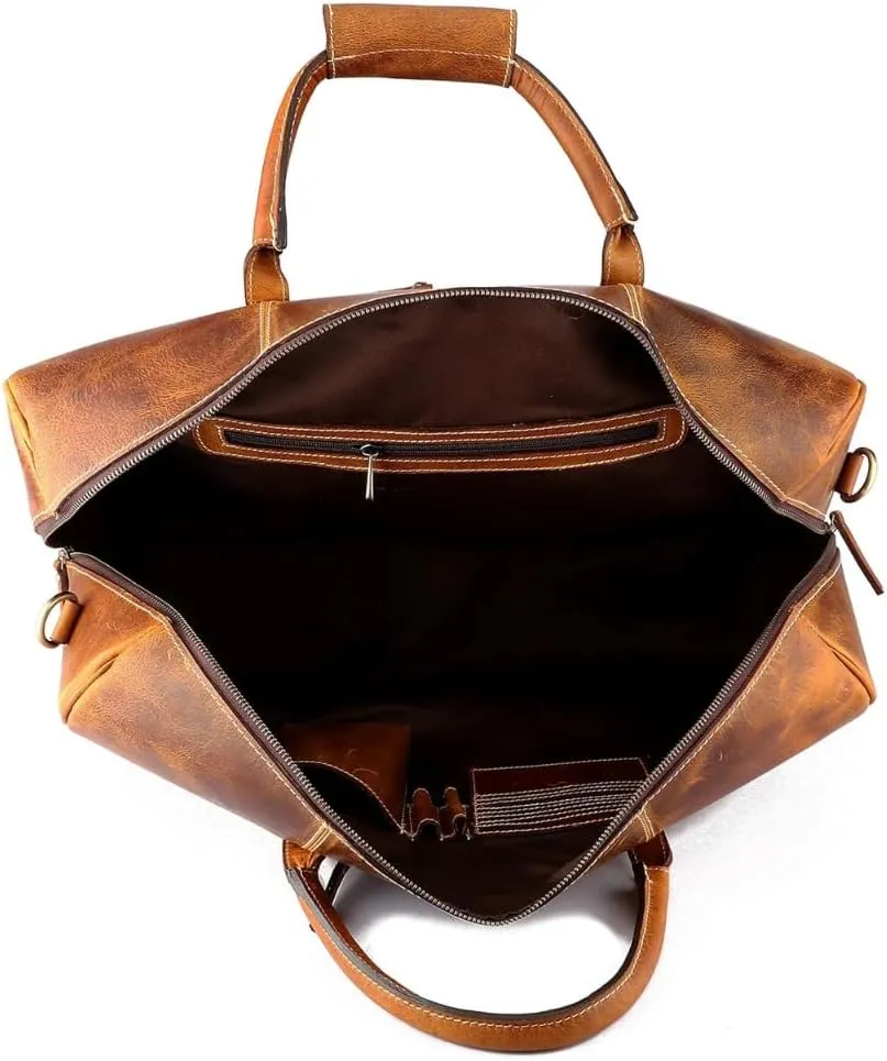 Leather Travel Duffel Bags for Men, Personalized Weekender Leather Bags, Overnight Customized Name Initials Luggage for Men, Gift for Birthday, Christmas, Anniversary, DAD, Husband, Lover (C BROWN)