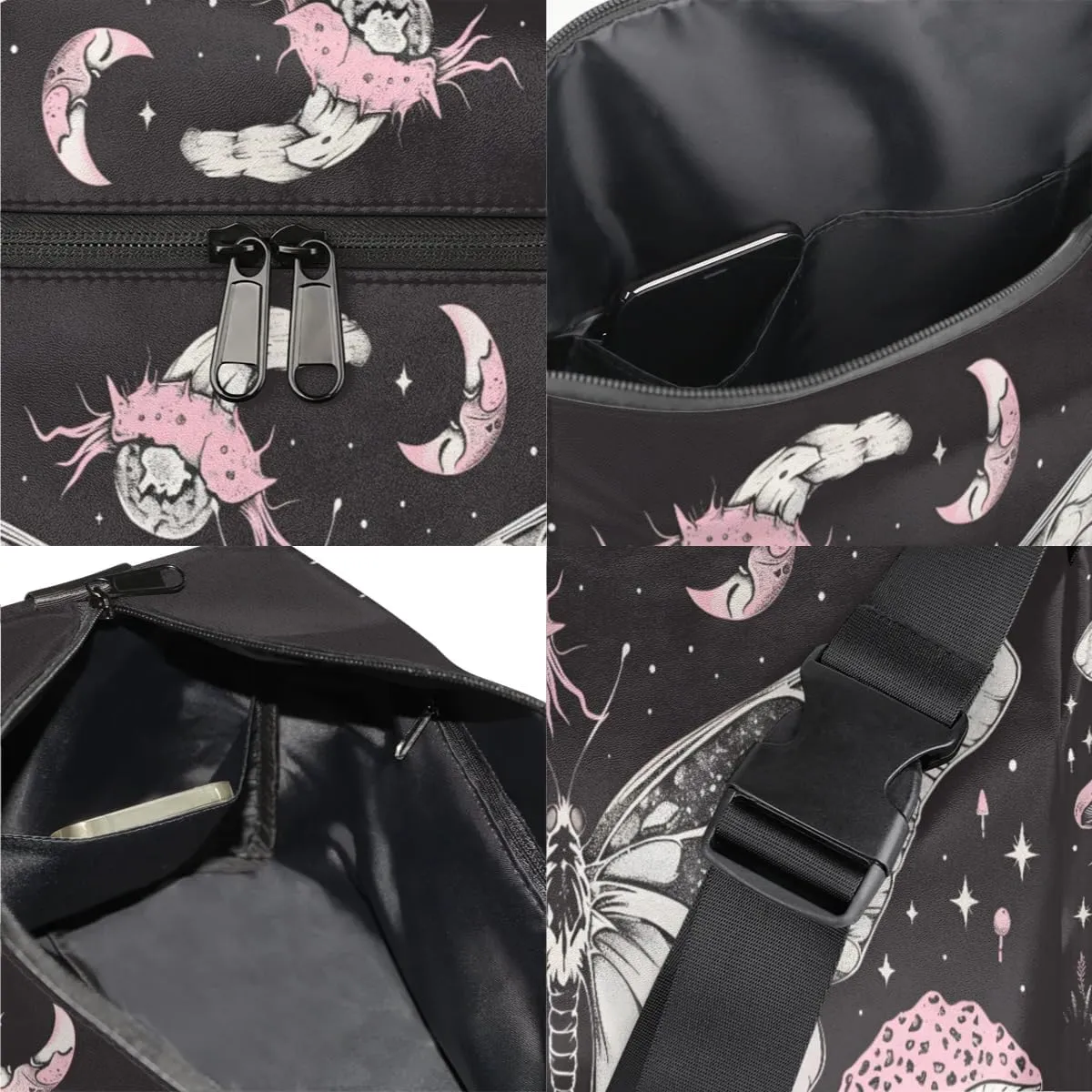 Leather Travel Duffle Bag for Women Men, Boho Moth Mushroom Small Sports Gym Bag Weekender Overnight Bags Underseat Carry on Luggage Bags for Airplanes, Personal Item Travel Bag,A-034