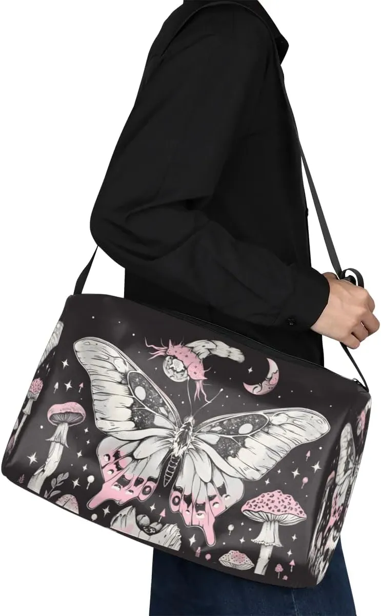 Leather Travel Duffle Bag for Women Men, Boho Moth Mushroom Small Sports Gym Bag Weekender Overnight Bags Underseat Carry on Luggage Bags for Airplanes, Personal Item Travel Bag,A-034