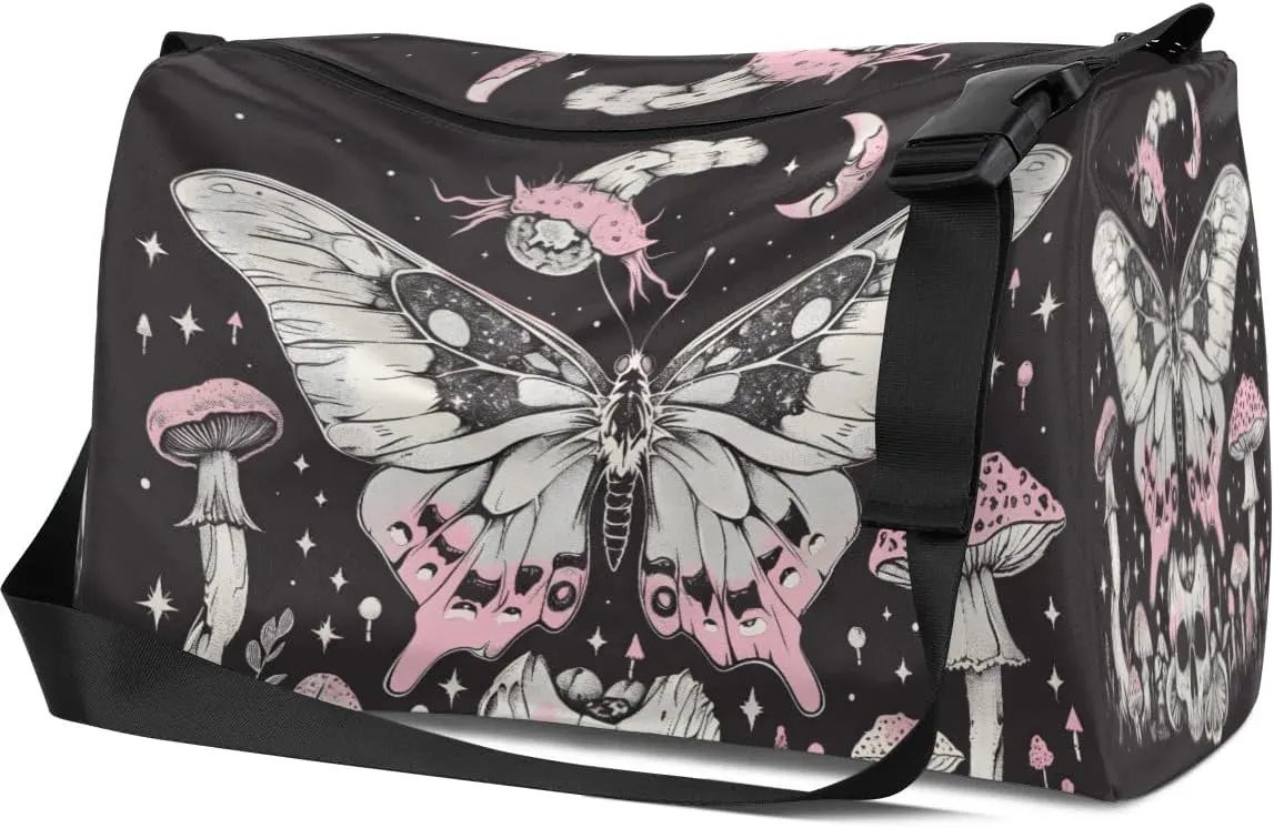 Leather Travel Duffle Bag for Women Men, Boho Moth Mushroom Small Sports Gym Bag Weekender Overnight Bags Underseat Carry on Luggage Bags for Airplanes, Personal Item Travel Bag,A-034