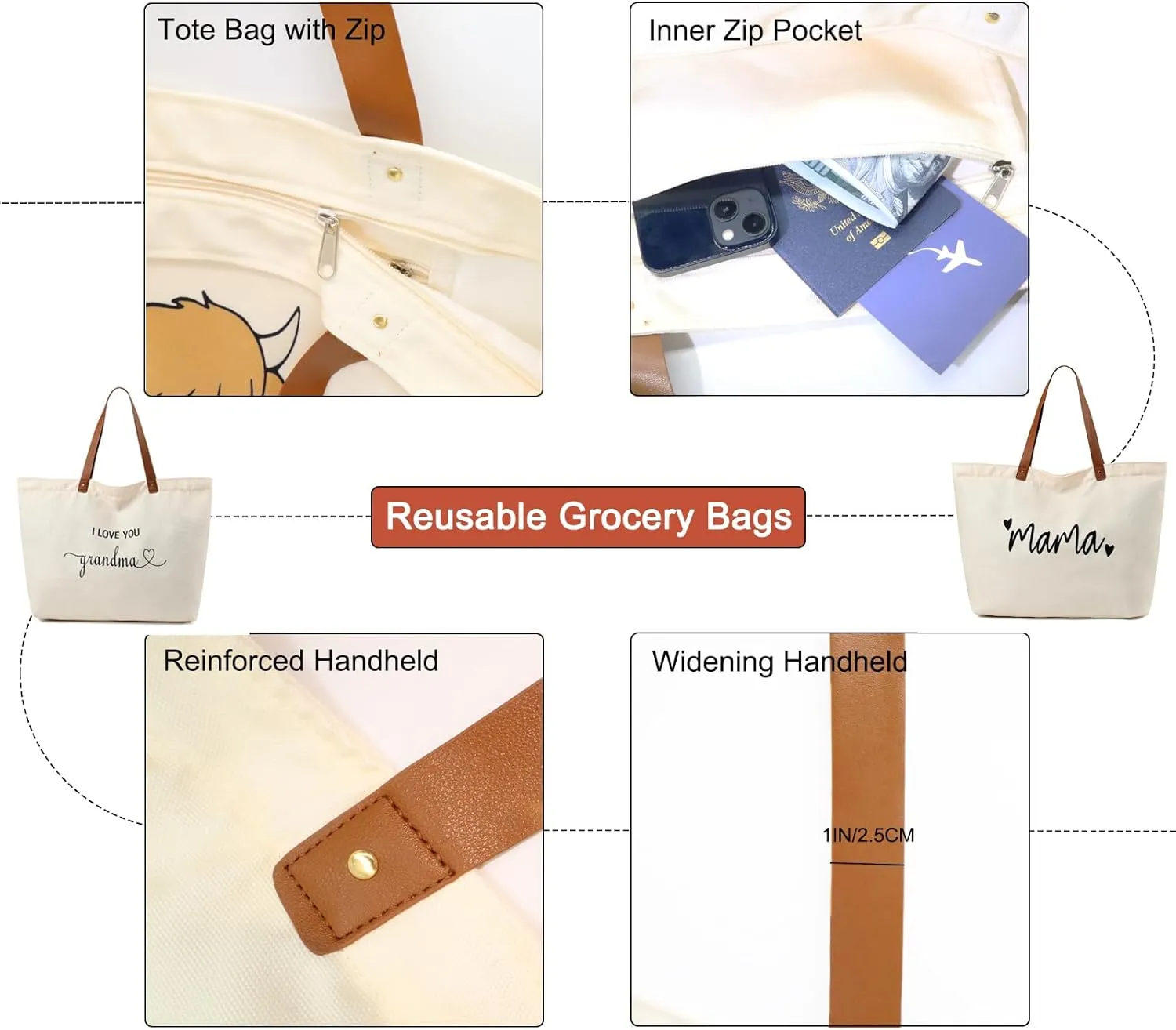 LEMEDE 30L Zip Grocery Bag - Wide Handheld to Reduce Shoulder Pressure,Personalized Minimalist Style Tote Bag,Gift for Women