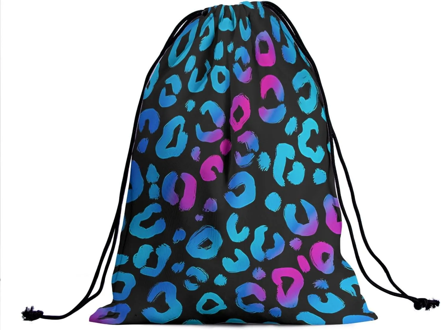 Leopard Print Drawstring Grip Bag - Blue Black Leopard Gymnastics Pouch Bags Adjustable Animal Skin String Bag for Gym Sports Storage