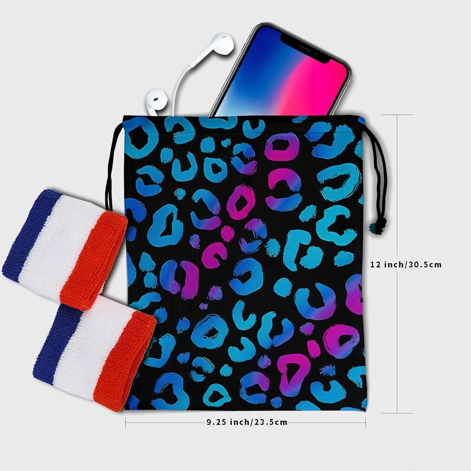 Leopard Print Drawstring Grip Bag - Blue Black Leopard Gymnastics Pouch Bags Adjustable Animal Skin String Bag for Gym Sports Storage