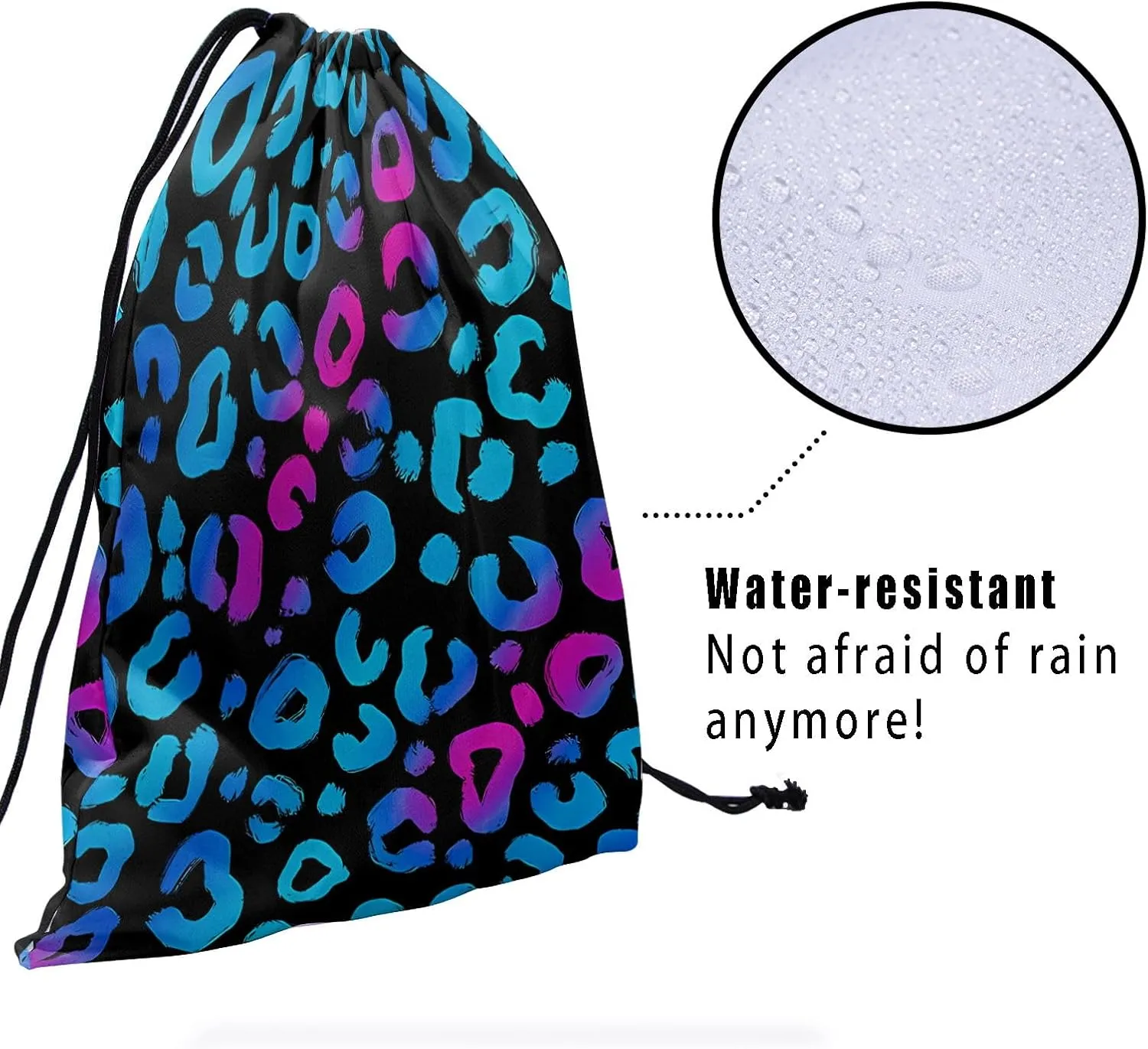 Leopard Print Drawstring Grip Bag - Blue Black Leopard Gymnastics Pouch Bags Adjustable Animal Skin String Bag for Gym Sports Storage