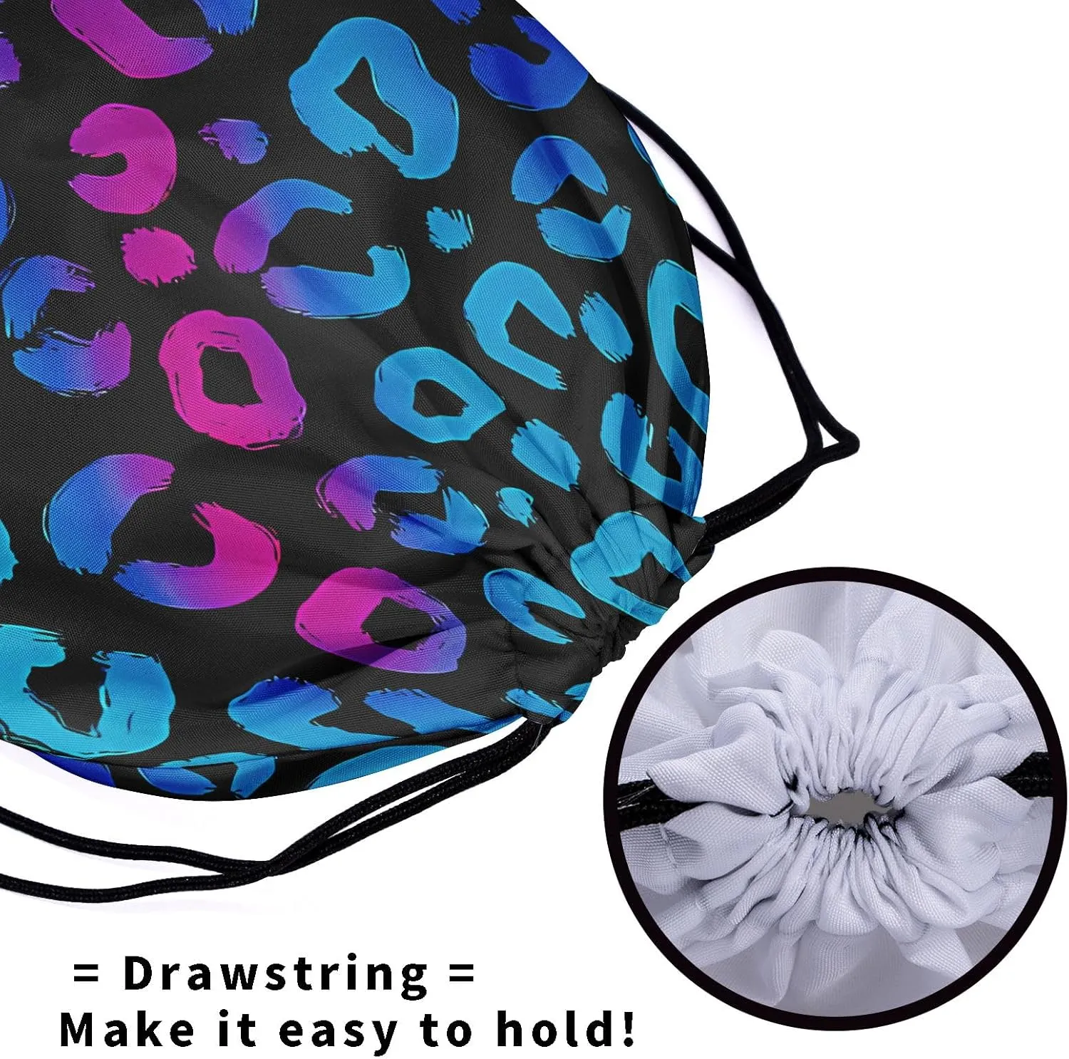 Leopard Print Drawstring Grip Bag - Blue Black Leopard Gymnastics Pouch Bags Adjustable Animal Skin String Bag for Gym Sports Storage