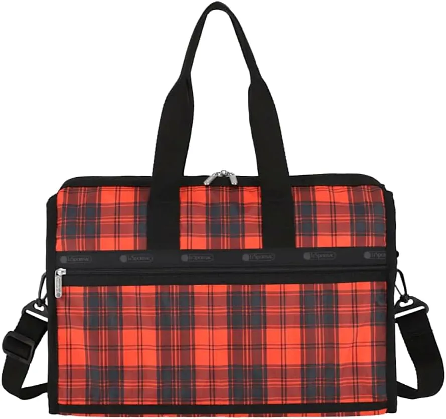 LeSportsac Red Tartan Deluxe Medium Weekender Crossbody Bag, Style 4318/Color E944, Modern & Bold Plaid, Sleek Black & Spicy Red Evokes Strength & Positivity, Subtle Sheen, Recycled Collection