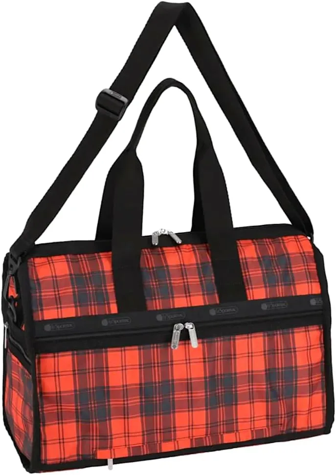 LeSportsac Red Tartan Deluxe Medium Weekender Crossbody Bag, Style 4318/Color E944, Modern & Bold Plaid, Sleek Black & Spicy Red Evokes Strength & Positivity, Subtle Sheen, Recycled Collection