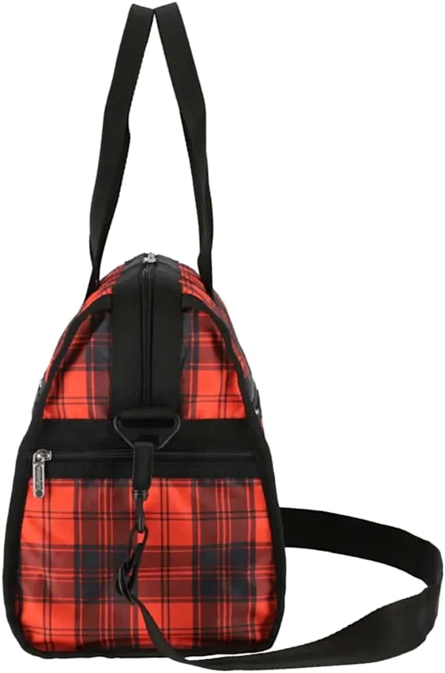 LeSportsac Red Tartan Deluxe Medium Weekender Crossbody Bag, Style 4318/Color E944, Modern & Bold Plaid, Sleek Black & Spicy Red Evokes Strength & Positivity, Subtle Sheen, Recycled Collection
