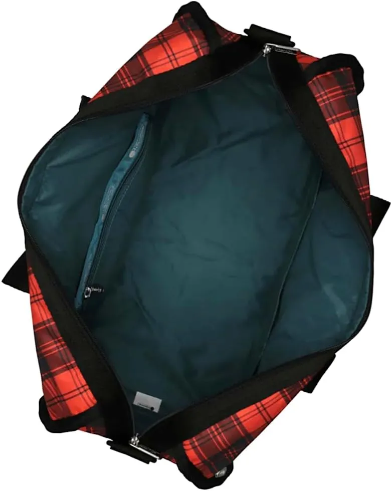 LeSportsac Red Tartan Deluxe Medium Weekender Crossbody Bag, Style 4318/Color E944, Modern & Bold Plaid, Sleek Black & Spicy Red Evokes Strength & Positivity, Subtle Sheen, Recycled Collection