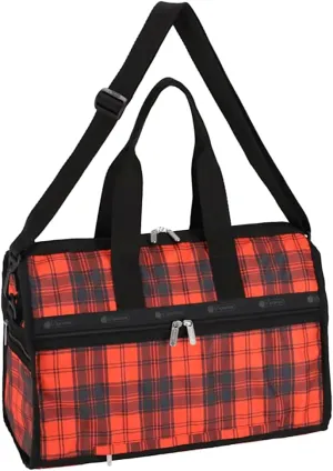 LeSportsac Red Tartan Deluxe Medium Weekender Crossbody Bag, Style 4318/Color E944, Modern & Bold Plaid, Sleek Black & Spicy Red Evokes Strength & Positivity, Subtle Sheen, Recycled Collection