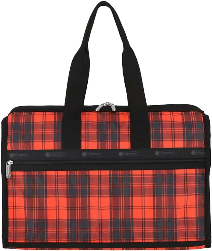 LeSportsac Red Tartan Deluxe Medium Weekender Crossbody Bag, Style 4318/Color E944, Modern & Bold Plaid, Sleek Black & Spicy Red Evokes Strength & Positivity, Subtle Sheen, Recycled Collection