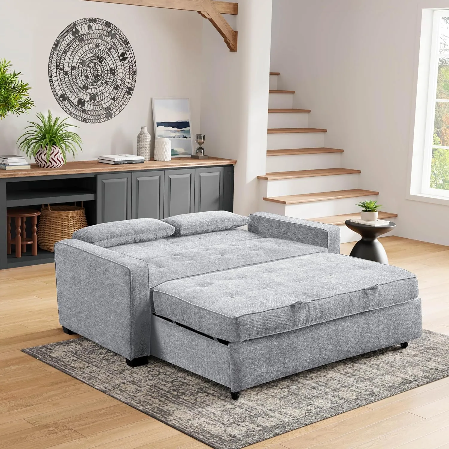 Lifestyle Solutions Ainsley Full Size Convertible Loveseat, Light Grey