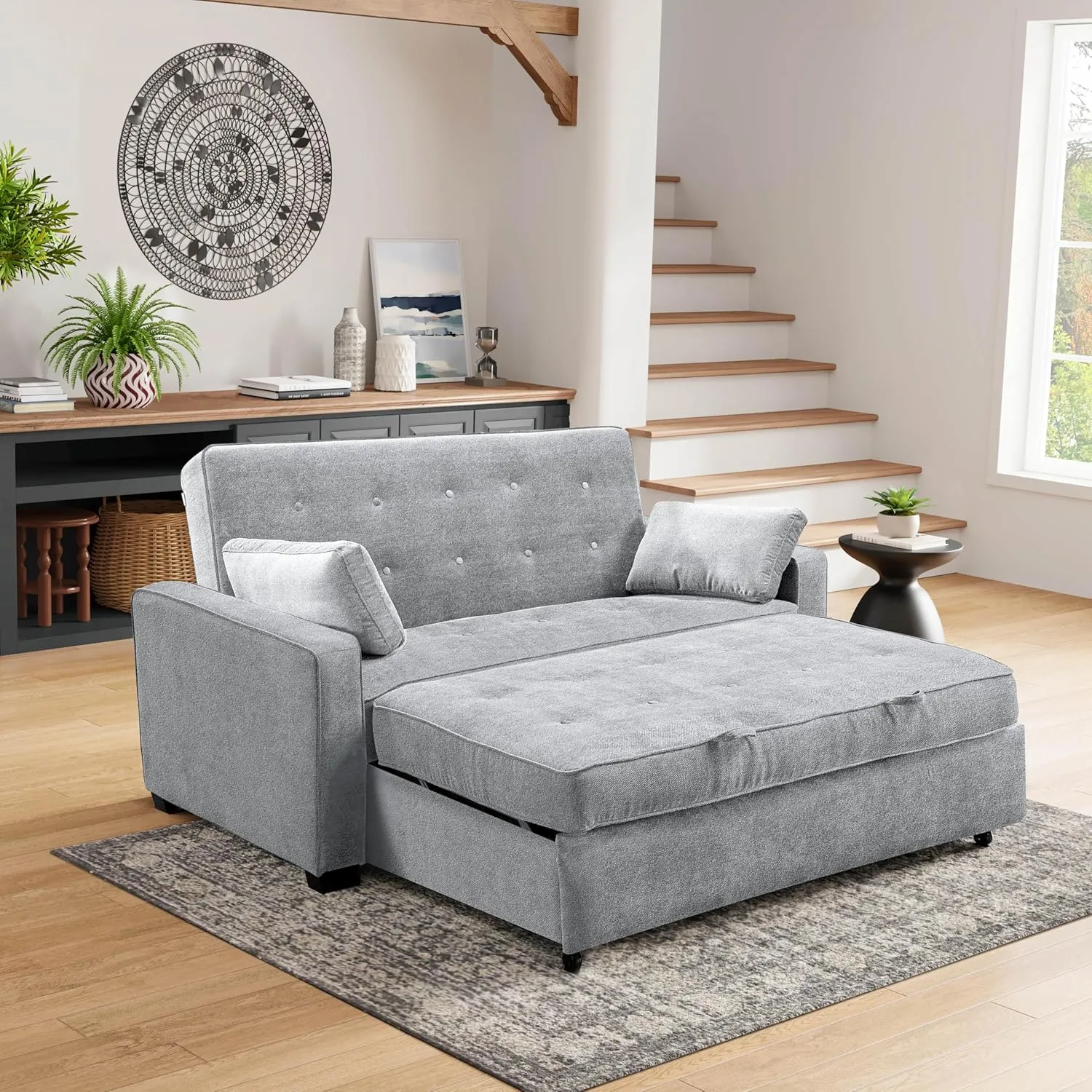 Lifestyle Solutions Ainsley Full Size Convertible Loveseat, Light Grey