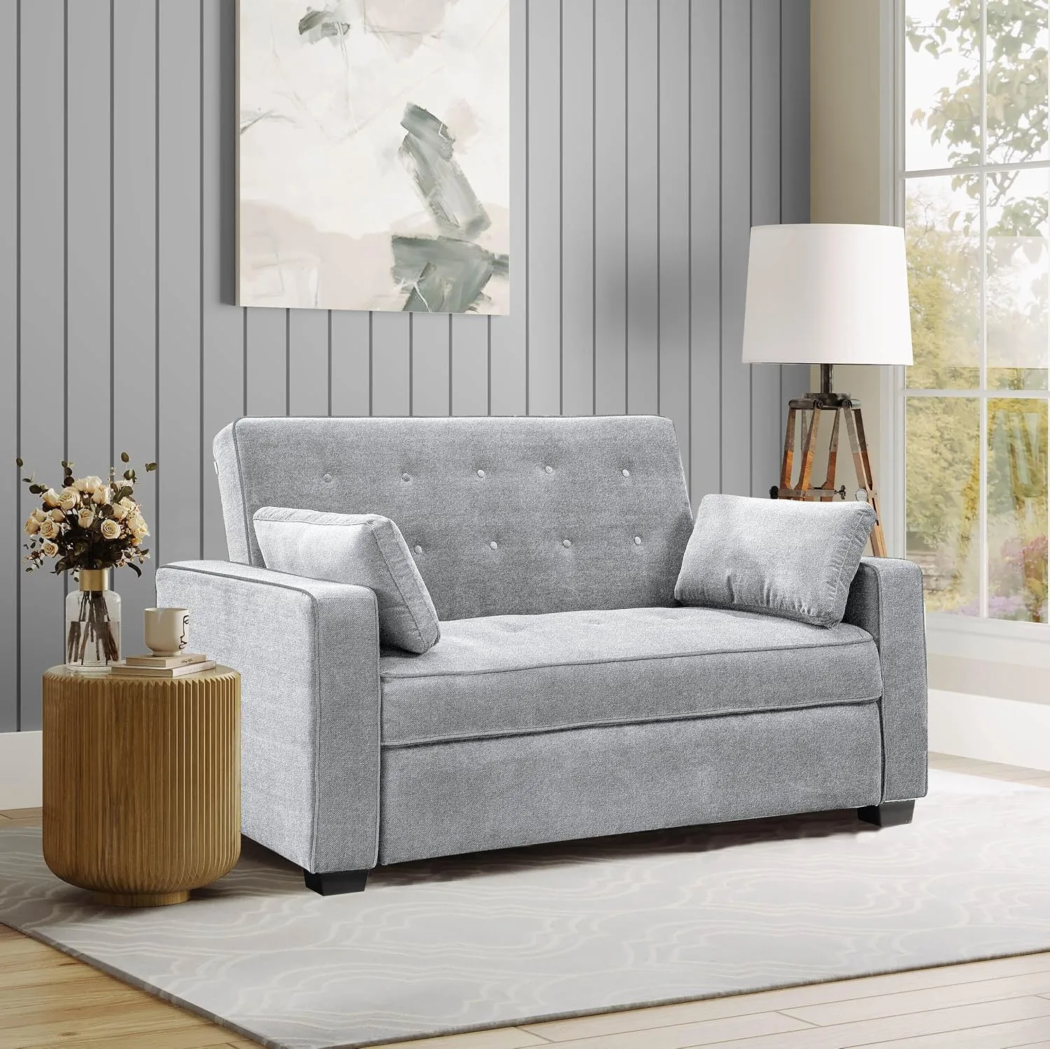 Lifestyle Solutions Ainsley Full Size Convertible Loveseat, Light Grey