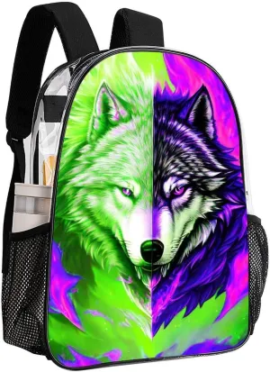Lightweight Rucksacks for Camping Picnic Cycling - Large Capacity Multipurpose Transparent Carry On Bag, Ice And Fire Flaming Cool Wolf Art Travel Hiking & Camping Rucksack