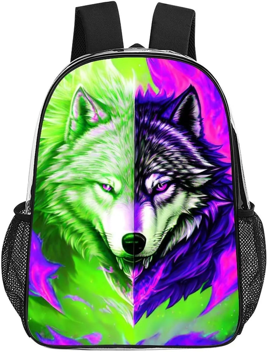 Lightweight Rucksacks for Camping Picnic Cycling - Large Capacity Multipurpose Transparent Carry On Bag, Ice And Fire Flaming Cool Wolf Art Travel Hiking & Camping Rucksack