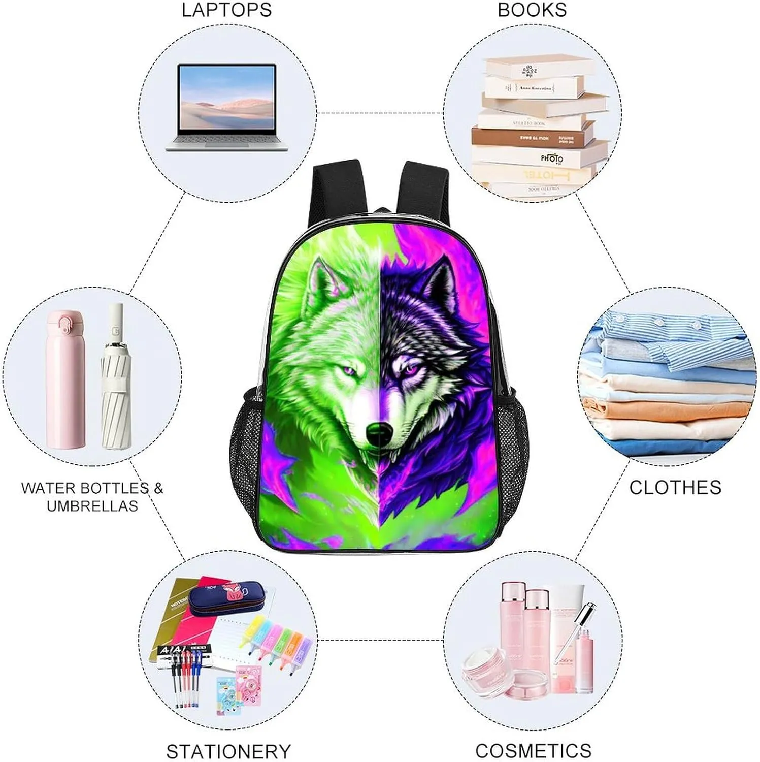Lightweight Rucksacks for Camping Picnic Cycling - Large Capacity Multipurpose Transparent Carry On Bag, Ice And Fire Flaming Cool Wolf Art Travel Hiking & Camping Rucksack