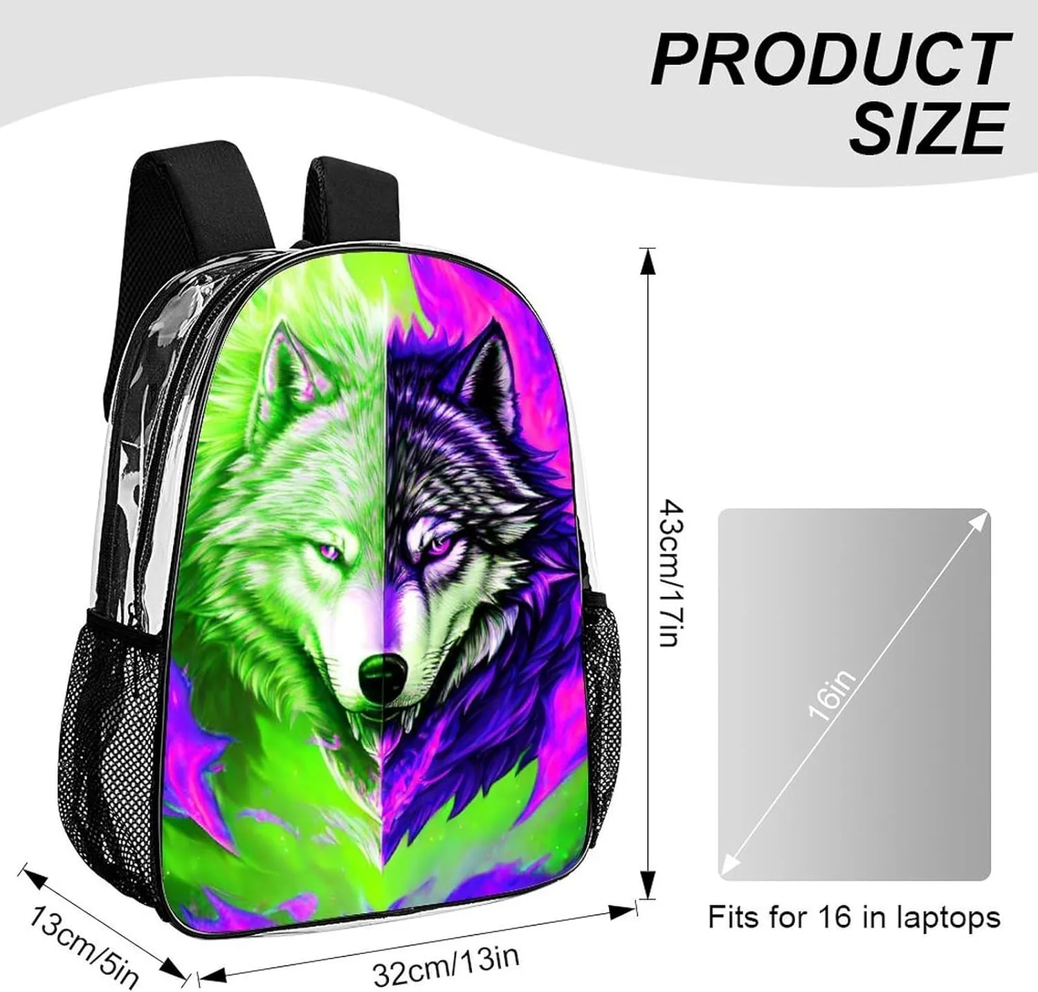 Lightweight Rucksacks for Camping Picnic Cycling - Large Capacity Multipurpose Transparent Carry On Bag, Ice And Fire Flaming Cool Wolf Art Travel Hiking & Camping Rucksack