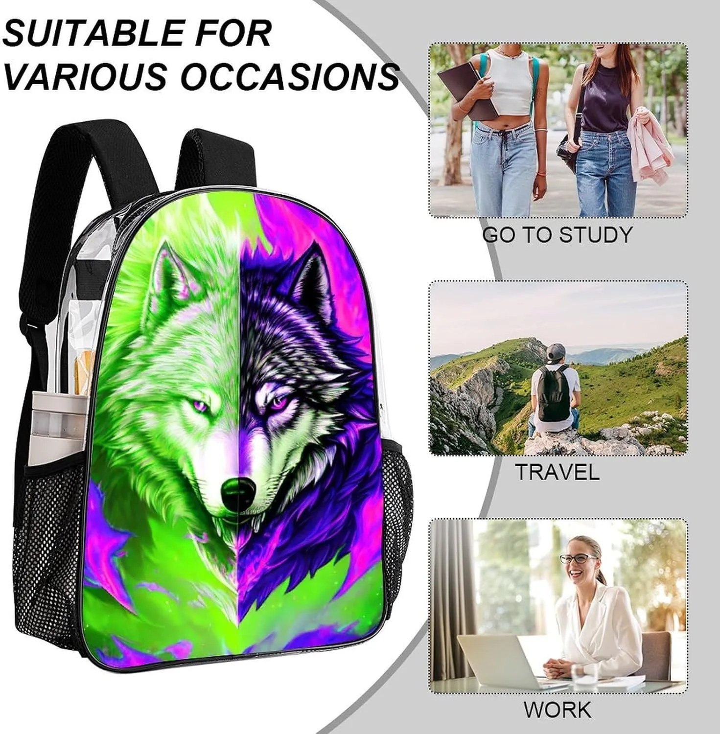 Lightweight Rucksacks for Camping Picnic Cycling - Large Capacity Multipurpose Transparent Carry On Bag, Ice And Fire Flaming Cool Wolf Art Travel Hiking & Camping Rucksack