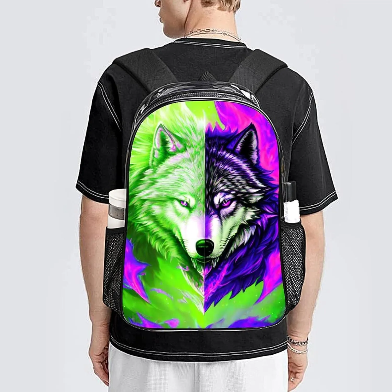 Lightweight Rucksacks for Camping Picnic Cycling - Large Capacity Multipurpose Transparent Carry On Bag, Ice And Fire Flaming Cool Wolf Art Travel Hiking & Camping Rucksack