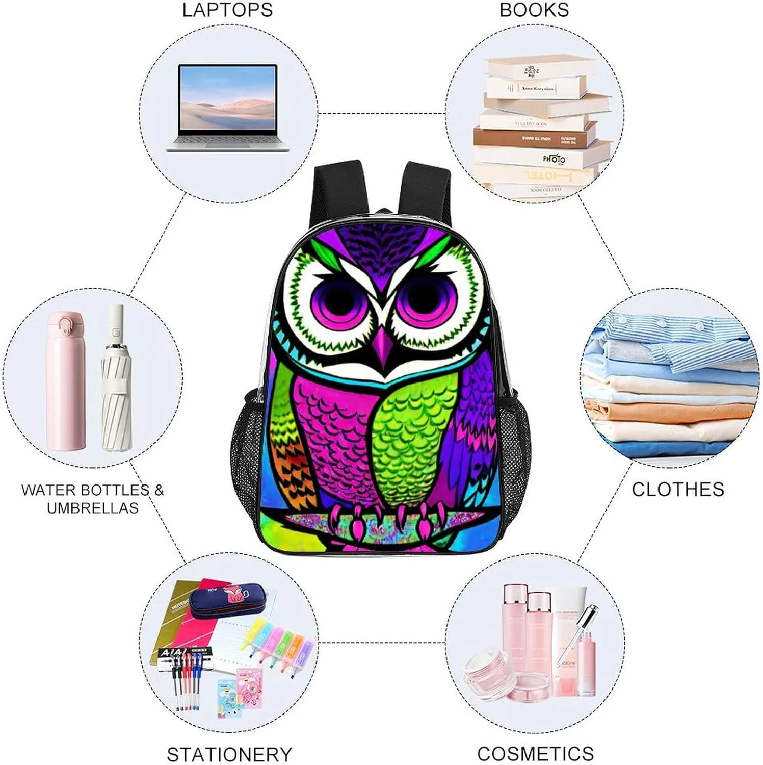 Lightweight Rucksacks for Camping Picnic Cycling - Large Capacity Multipurpose Transparent Carry On Bag, Trippy Owl Abstract Art Travel Hiking & Camping Rucksack