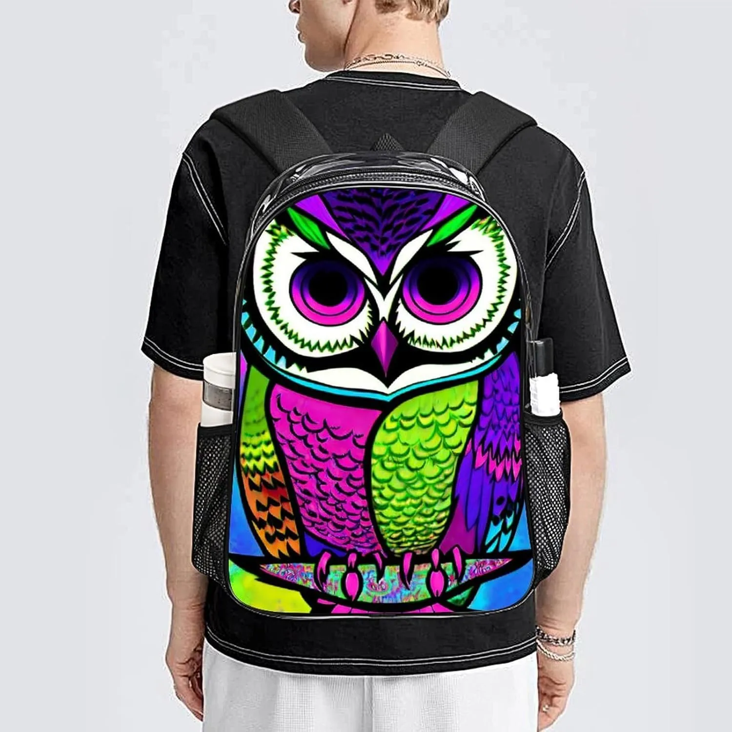 Lightweight Rucksacks for Camping Picnic Cycling - Large Capacity Multipurpose Transparent Carry On Bag, Trippy Owl Abstract Art Travel Hiking & Camping Rucksack