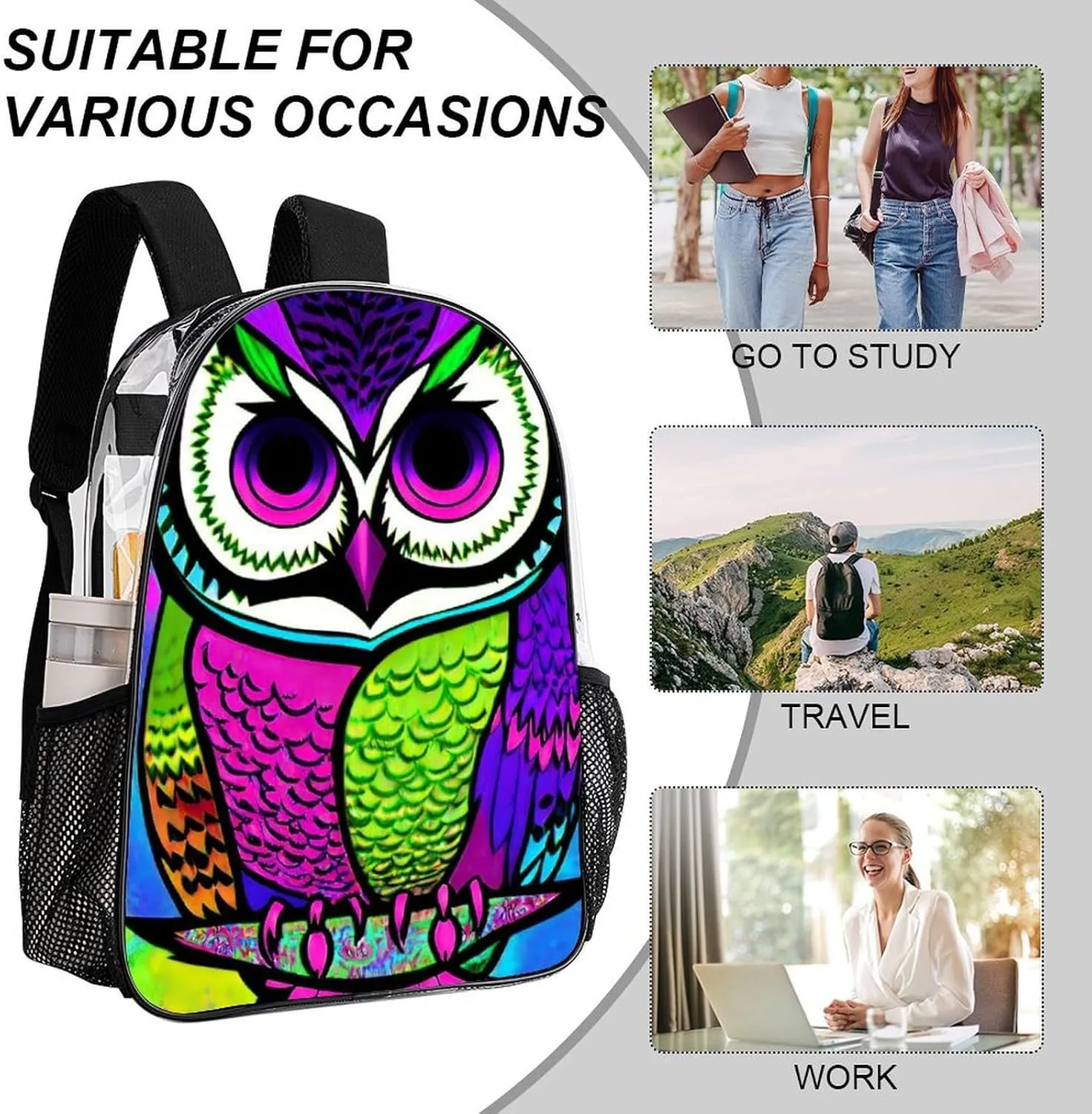 Lightweight Rucksacks for Camping Picnic Cycling - Large Capacity Multipurpose Transparent Carry On Bag, Trippy Owl Abstract Art Travel Hiking & Camping Rucksack