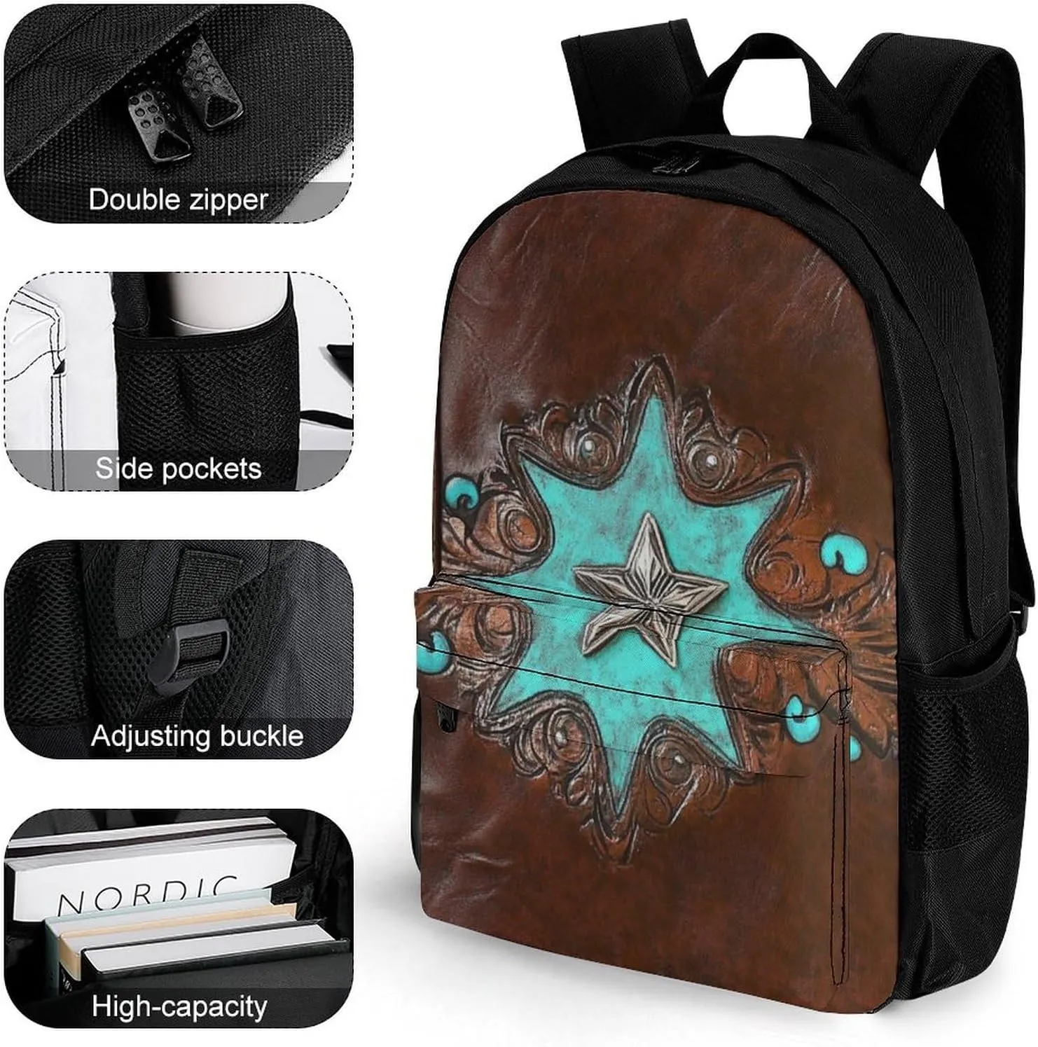 Lightweight Rucksacks for Camping Picnic Walking Cycling - Large Capacity Multipurpose Anti-Theft Carry On Bag, Primitive CowMan Western Country Brown Star Rustic Travel Hiking & Camping Rucksack