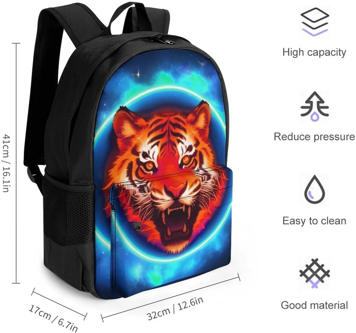 Lightweight Rucksacks for Camping Picnic Walking Cycling - Large Capacity Multipurpose Anti-Theft Carry On Bag, Space Tiger Psychedelic Blue Fire Art Travel Hiking & Camping Rucksack