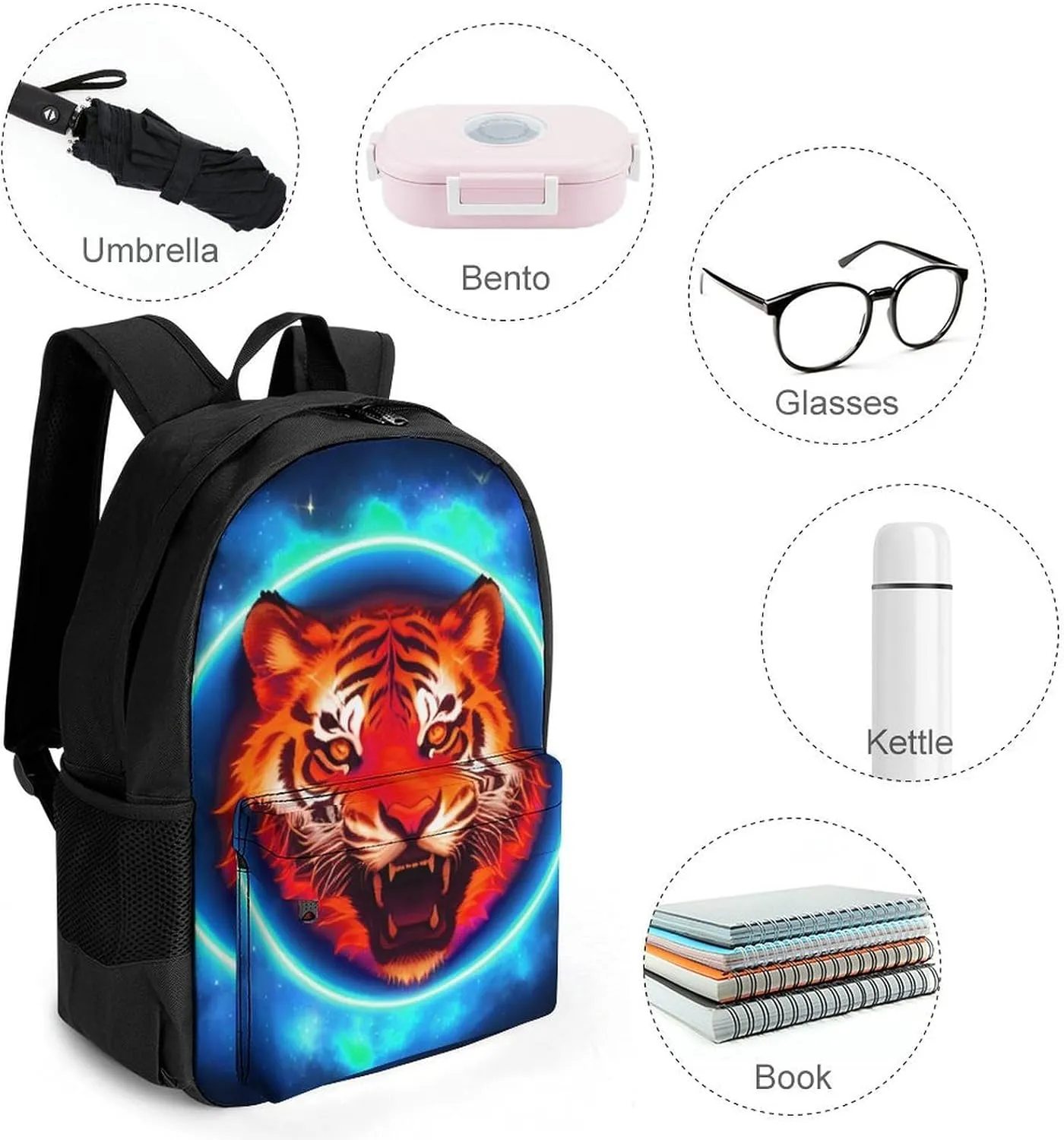 Lightweight Rucksacks for Camping Picnic Walking Cycling - Large Capacity Multipurpose Anti-Theft Carry On Bag, Space Tiger Psychedelic Blue Fire Art Travel Hiking & Camping Rucksack