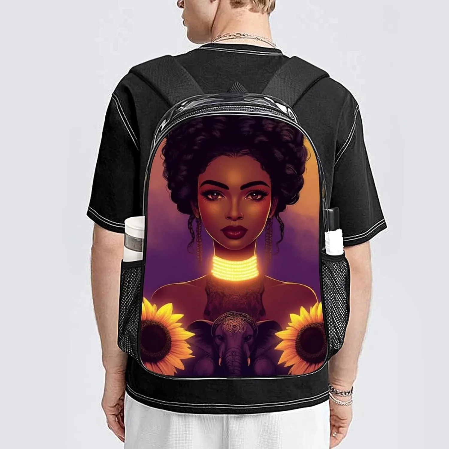 Lightweight Rucksacks for Climbing Outdoors Walking Cycling - Large Capacity Transparent Multipurpose Carry On Bag, African American Black Woman woman Painting Sunflower Camping Outdoor Backpack