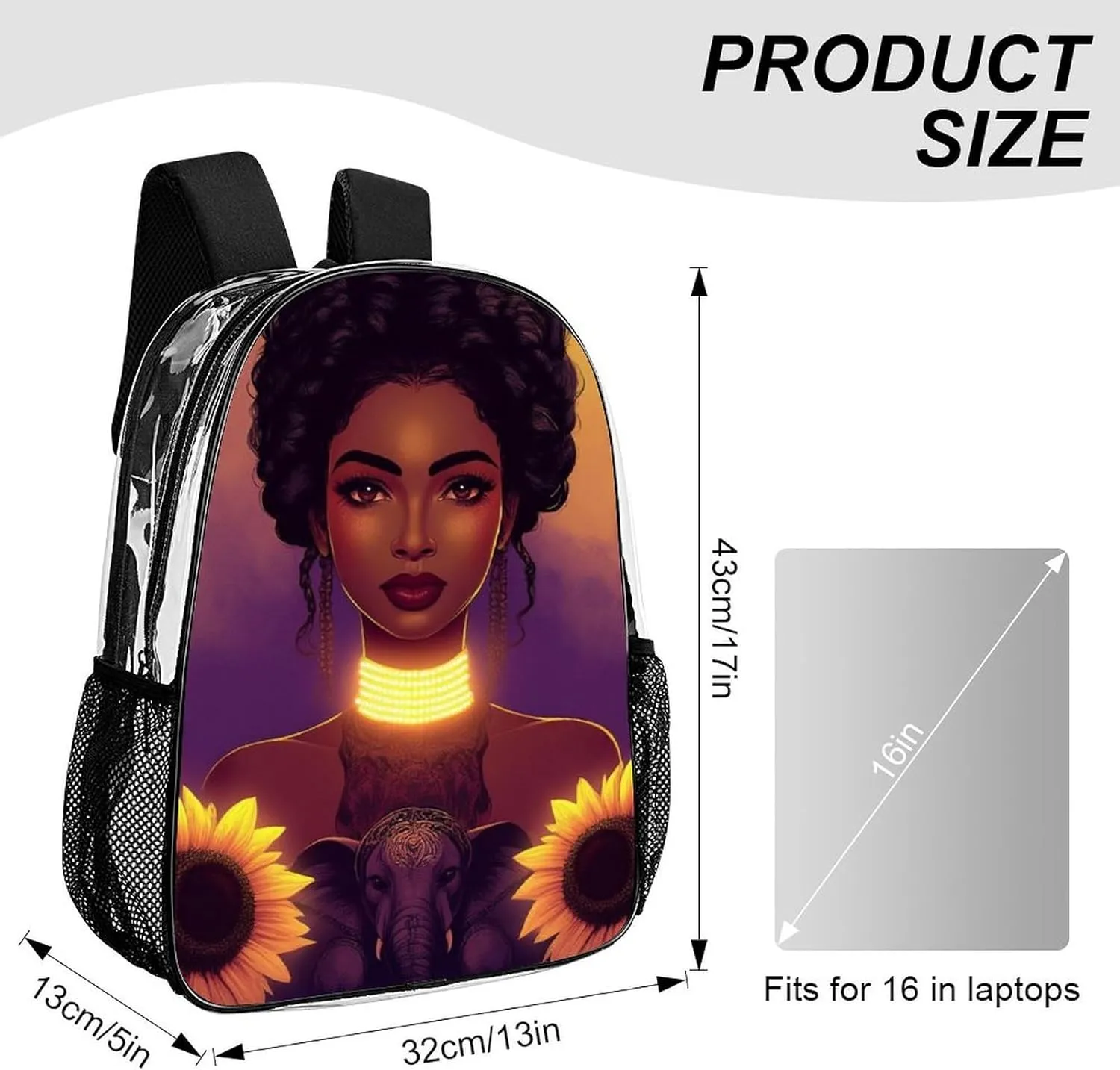 Lightweight Rucksacks for Climbing Outdoors Walking Cycling - Large Capacity Transparent Multipurpose Carry On Bag, African American Black Woman woman Painting Sunflower Camping Outdoor Backpack