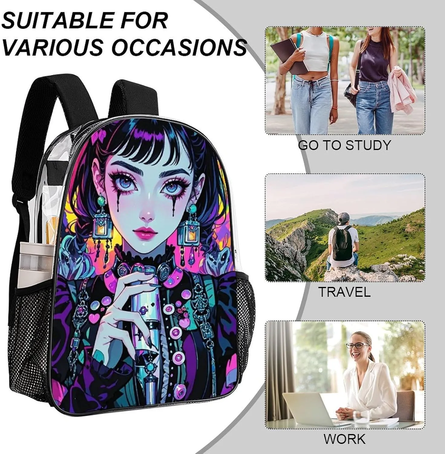 Lightweight Rucksacks for Climbing Outdoors Walking Cycling - Large Capacity Transparent Multipurpose Carry On Bag, Beautiful Gothic Women Neon Art Camping Outdoor Backpack