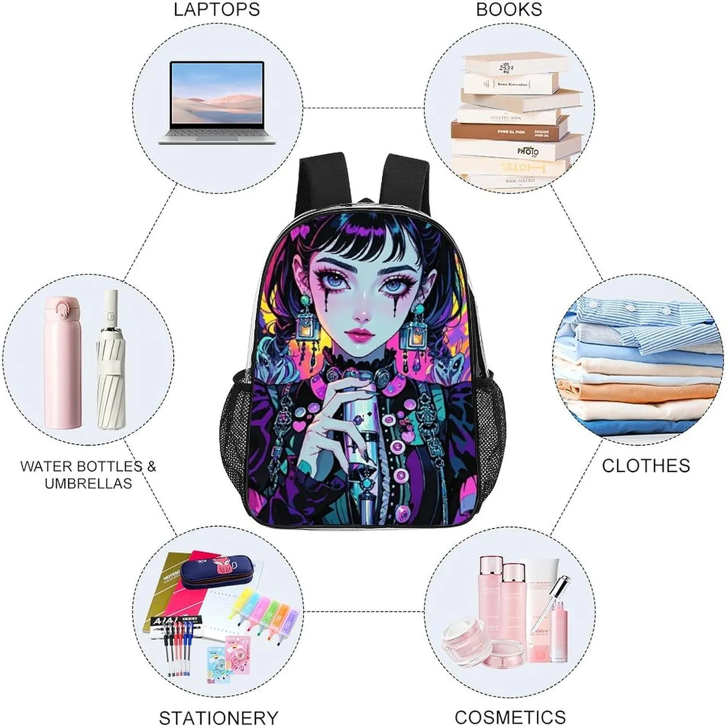 Lightweight Rucksacks for Climbing Outdoors Walking Cycling - Large Capacity Transparent Multipurpose Carry On Bag, Beautiful Gothic Women Neon Art Camping Outdoor Backpack