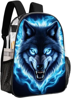 Lightweight Rucksacks for Climbing Outdoors Walking Cycling - Large Capacity Transparent Multipurpose Carry On Bag, Blue Fire Flame Angry Wolf Camping Outdoor Backpack