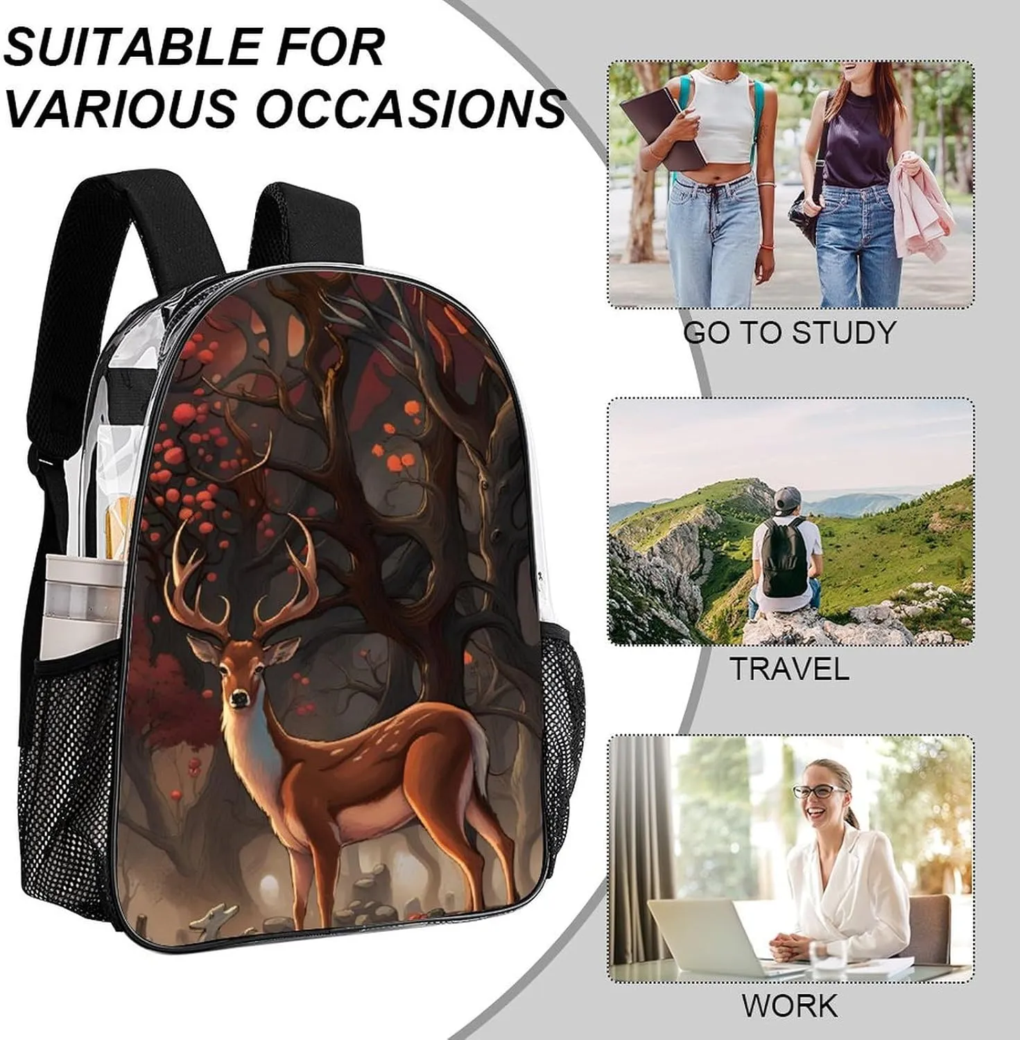 Lightweight Rucksacks for Climbing Outdoors Walking Cycling - Large Capacity Transparent Multipurpose Carry On Bag, Deer Art Camping Outdoor Backpack