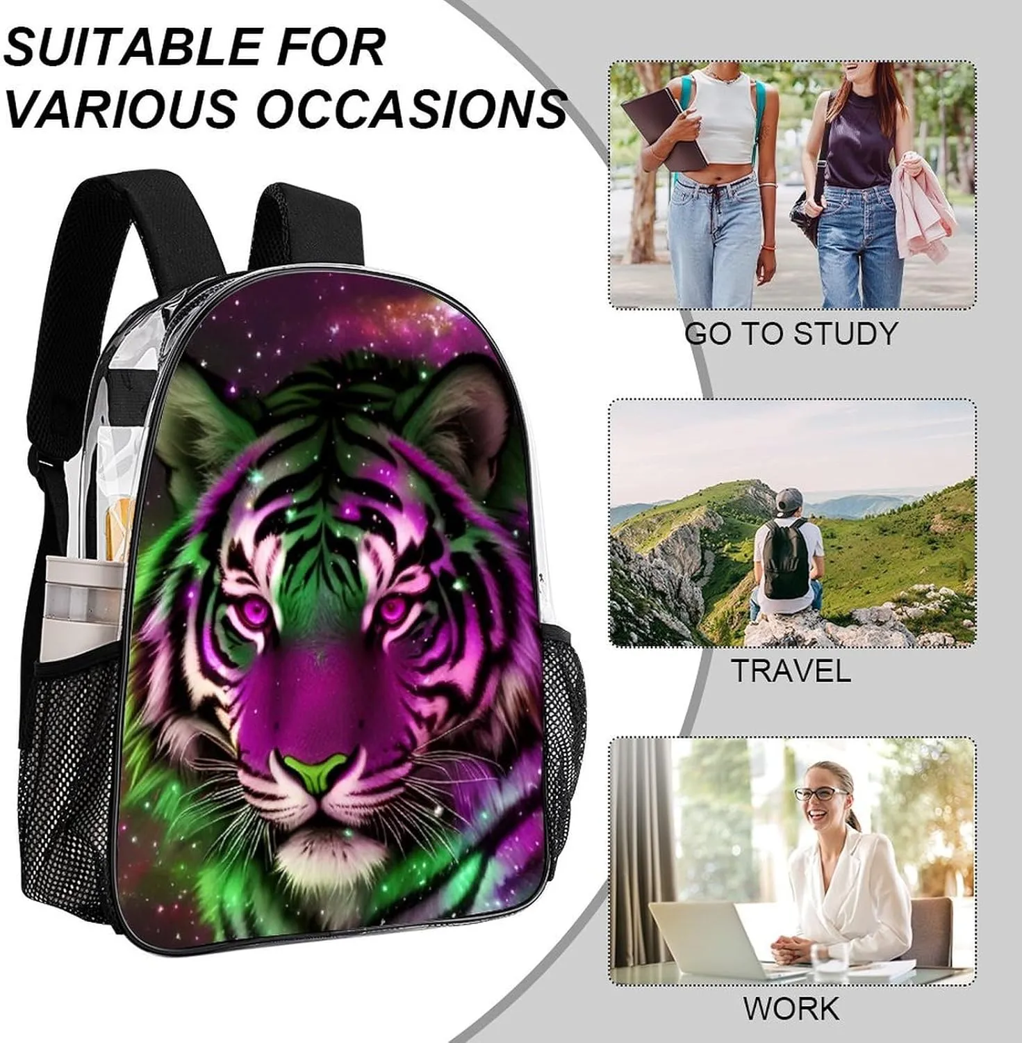 Lightweight Rucksacks for Climbing Outdoors Walking Cycling - Large Capacity Transparent Multipurpose Carry On Bag, Mystic Fantasy Galaxy Sky Fantasy Wild Animals Tiger Art Camping Outdoor Backpack