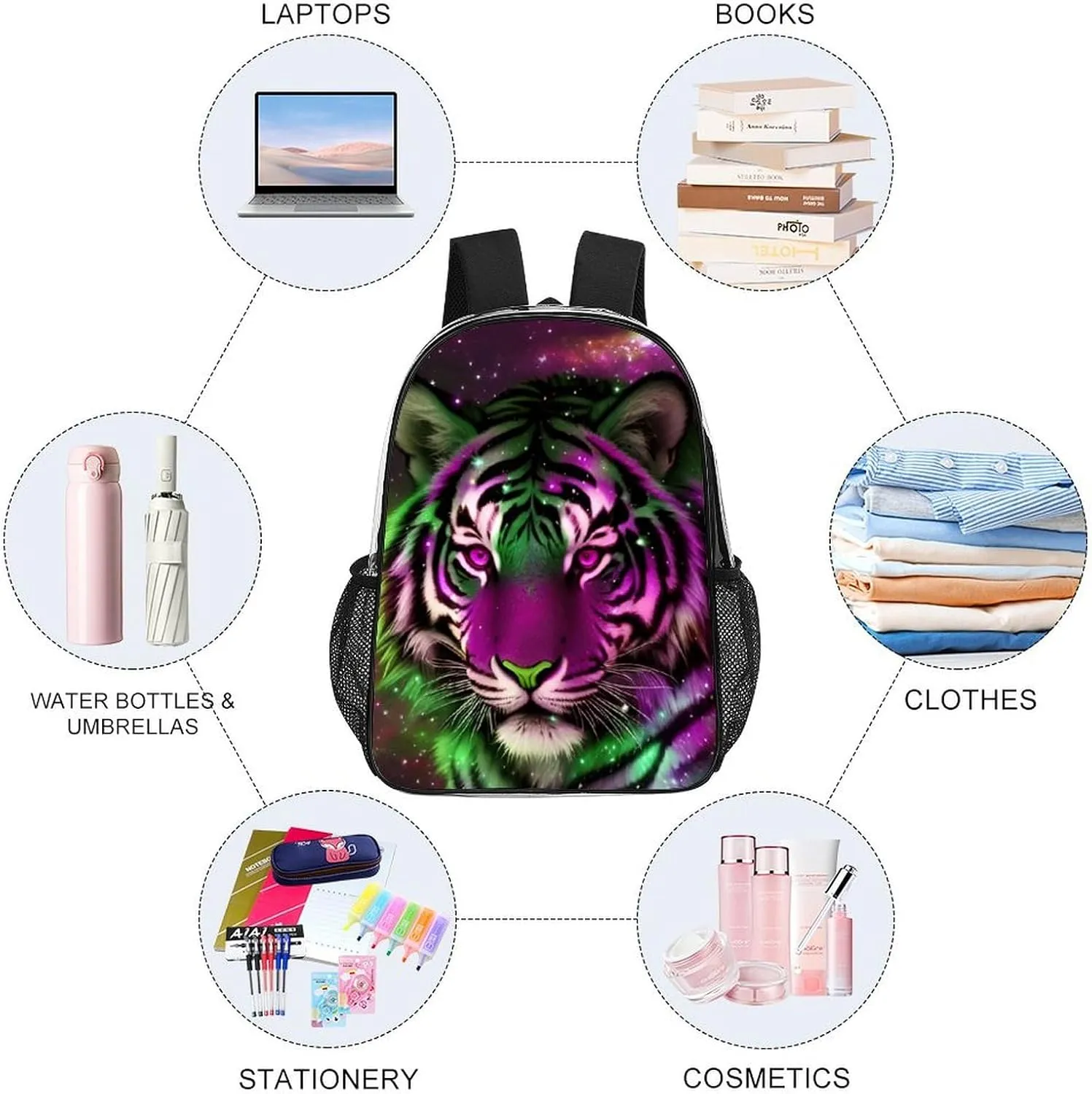 Lightweight Rucksacks for Climbing Outdoors Walking Cycling - Large Capacity Transparent Multipurpose Carry On Bag, Mystic Fantasy Galaxy Sky Fantasy Wild Animals Tiger Art Camping Outdoor Backpack