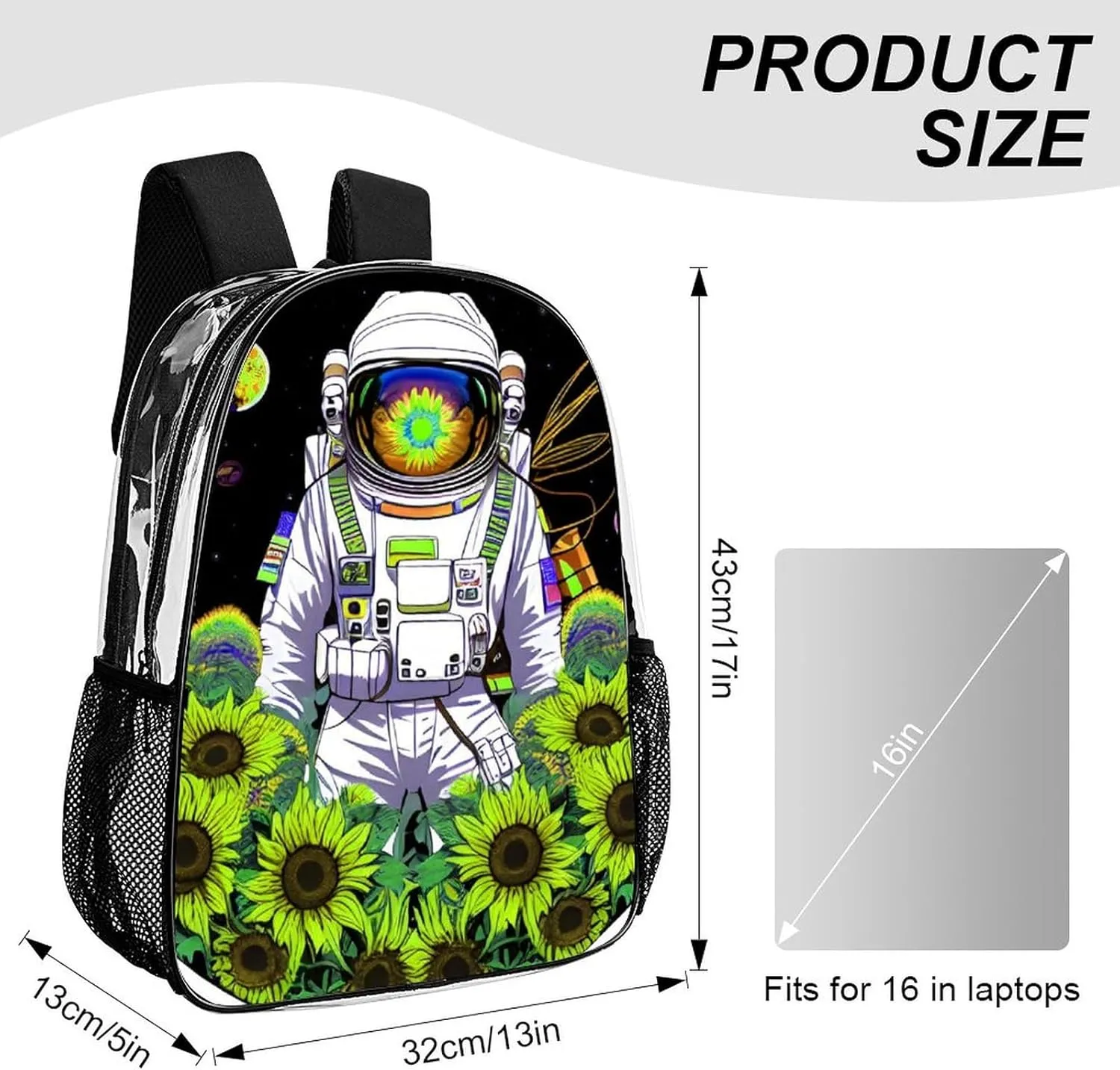 Lightweight Rucksacks for Climbing Outdoors Walking Cycling - Large Capacity Transparent Multipurpose Carry On Bag, Psychedelic Space Astronaut Sunflower Snake Art Camping Outdoor Backpack