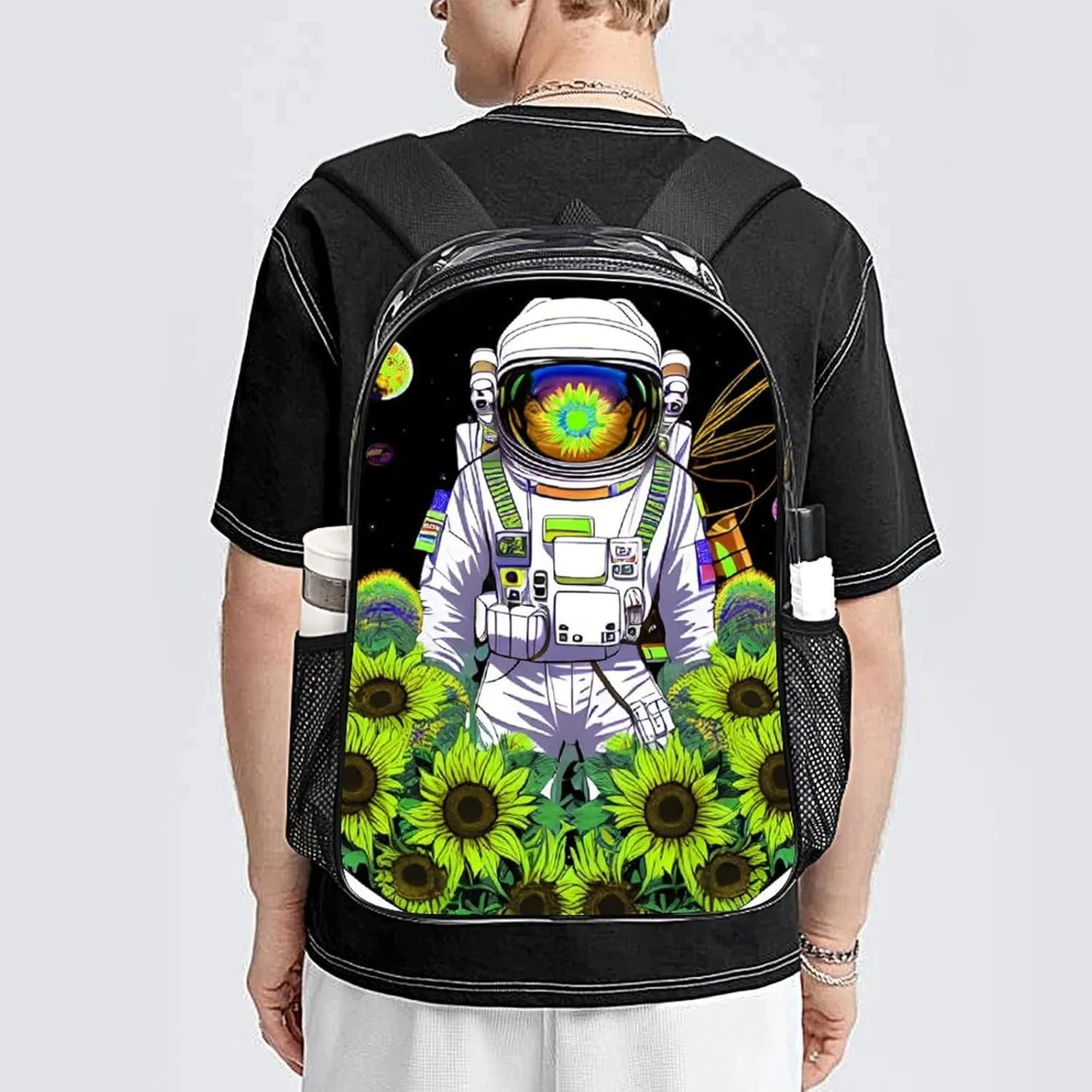 Lightweight Rucksacks for Climbing Outdoors Walking Cycling - Large Capacity Transparent Multipurpose Carry On Bag, Psychedelic Space Astronaut Sunflower Snake Art Camping Outdoor Backpack