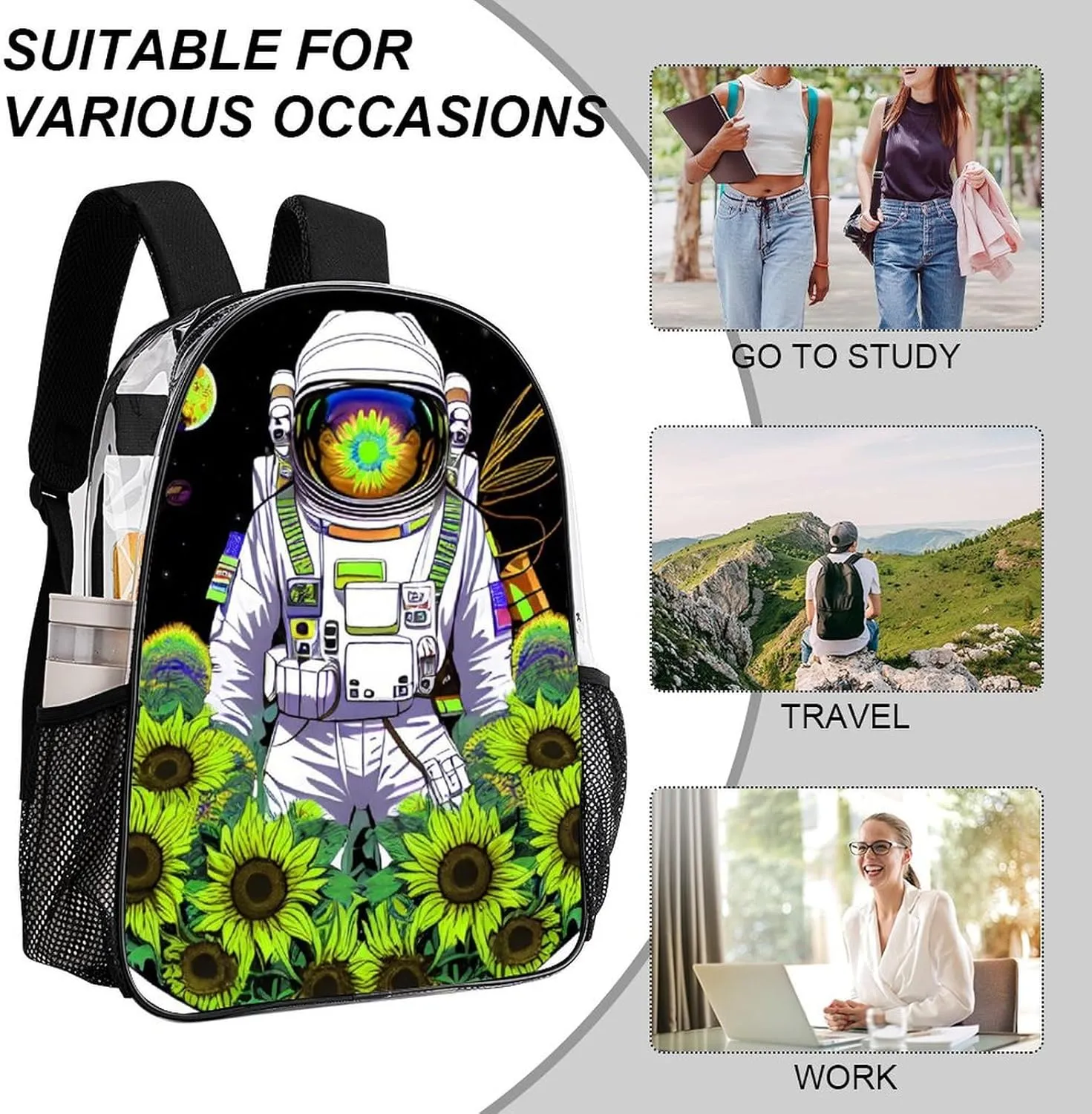 Lightweight Rucksacks for Climbing Outdoors Walking Cycling - Large Capacity Transparent Multipurpose Carry On Bag, Psychedelic Space Astronaut Sunflower Snake Art Camping Outdoor Backpack