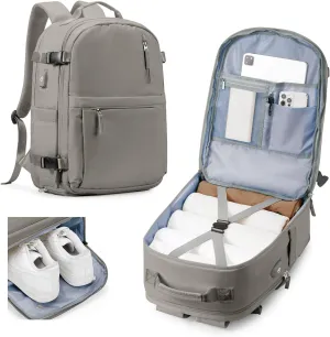 Lightweight Travel Backpack for Women Men Mochila de Viaje Luggage Backpack with USB Charging Port & Shoe Pouch Airline Approved Personal Item Travel Bag Waterproof Utility Backpack(Gray Brown)